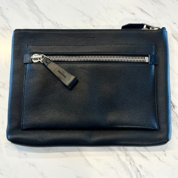 Tom Ford Mens Pebbled Leather Zip Portfolio Briefcase Bag Clutch Black Large 15" - Picture 1 of 10